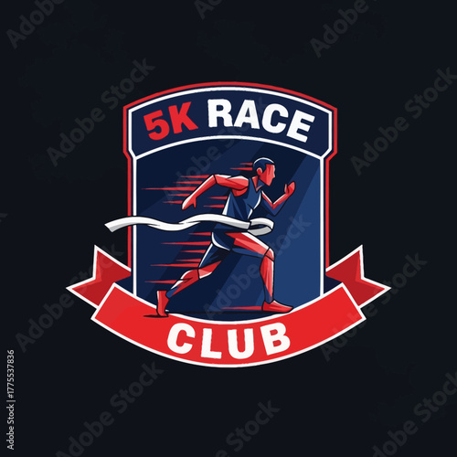 Dynamic 5K Race Club Emblem Featuring a Runner Breaking the Finish Line