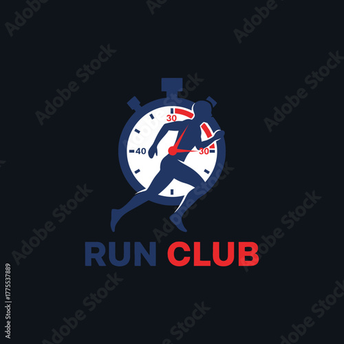 Dynamic stopwatch design with running silhouette, ideal for fitness branding