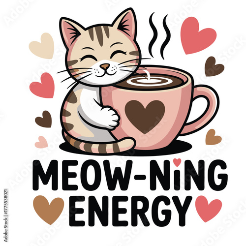 Cute Cartoon Cat Hugging Coffee Mug With Steam Rising.
