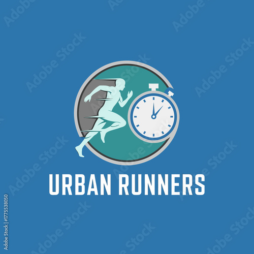 dynamic urban runners logo with a stopwatch for speed and endurance