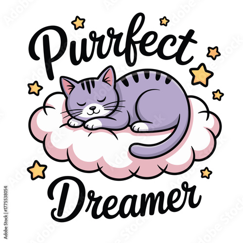 Cute cartoon cat sleeping peacefully on a fluffy cloud dreaming sweet dreams.