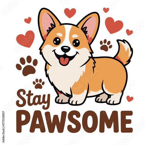 Cute cartoon Corgi dog illustration with happy expression and pawsome text.