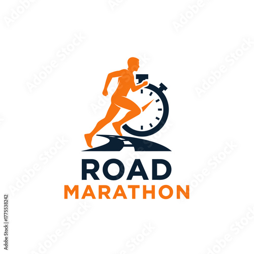 dynamic logo for road marathon event with runner and stopwatch