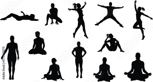 People Human Silhouette Standing Sitting Jumping Dancing Stretching Meditation Yoga Relax Activity Lifestyle Casual Fitness Body Posture Vector Outline Drawing Illustration Art