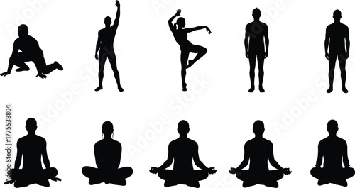 People Human Silhouette Standing Sitting Meditation Yoga Dance Pose Relax Activity Lifestyle Casual Fitness Body Posture Vector Outline Drawing Illustration Art Design