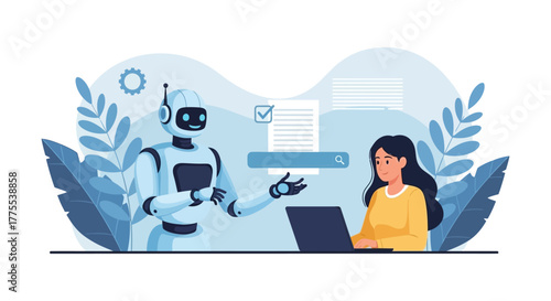 ai chatbot helping woman working on laptop providing search assistance ideal for tech blog about artificial intelligence automation and digital assistant.