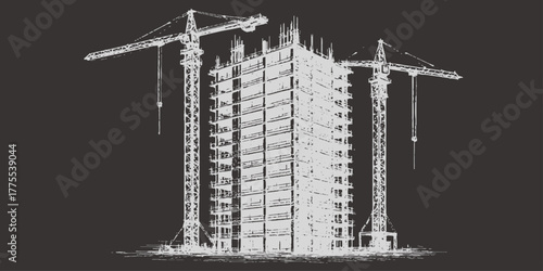 The tall blue steel tower and industrial crane dominate the urban construction business next to an oil pump jack and isolated oil barrel