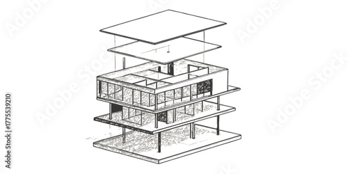 A 3D render of a residential building with an architectural design and blueprint model
