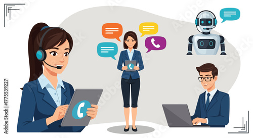 Customer service team working together offering support via chatbot call center solutions and efficient teamwork for business success.