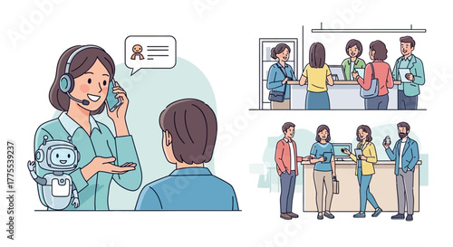 Customer service with chatbot helping customers modern office reception AI technology ideal for illustrating customer support solutions.