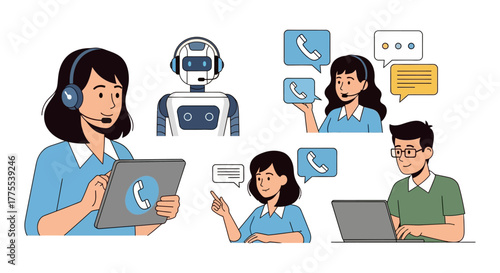 customer support team providing technical assistance via chatbot and operators in a modern office showcasing ai solutions and customer service