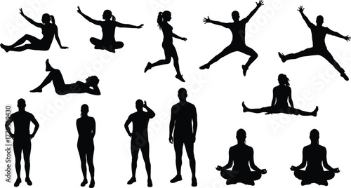 People Human Silhouette Standing Sitting Running Jumping Relax Meditation Yoga Pose Activity Lifestyle Casual Fitness Body Posture Vector Outline Drawing Illustration 
