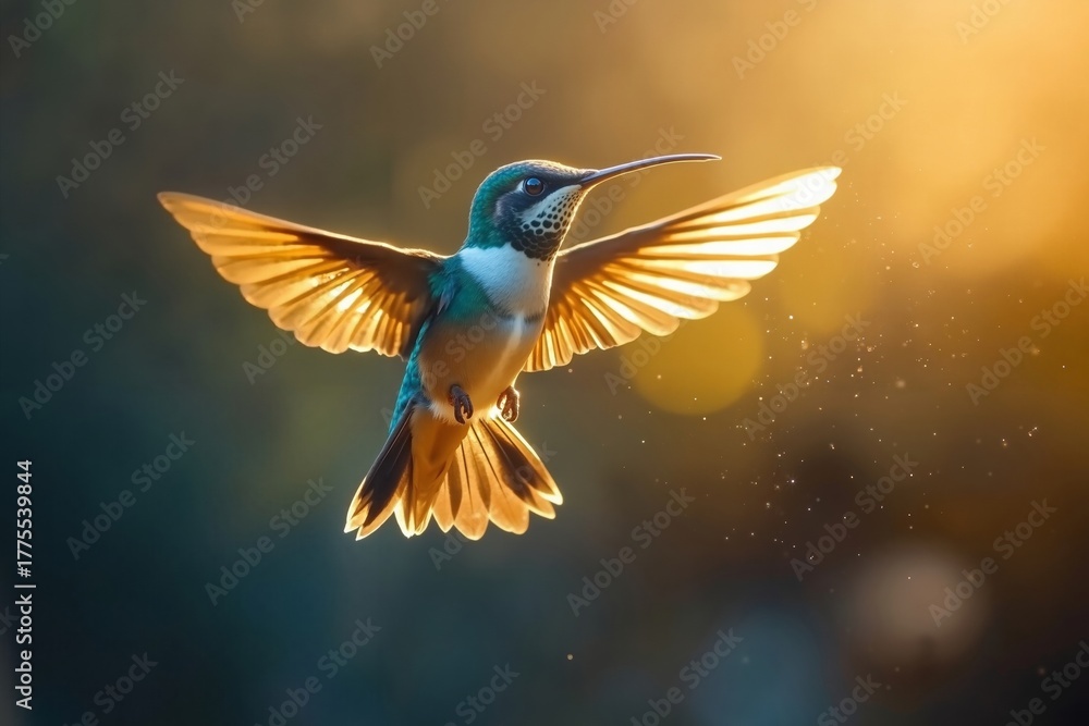 Obraz premium A hummingbird flying through the air with its wings spread