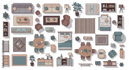 furniture arrangement plan a top-down illustration of a rooms interior design with sofas tables chairs beds and rugs for home decor ideas