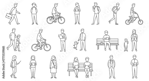 human figures line art people in various poses walking sitting cycling and using technology ideal for urban planning and demographic studies.