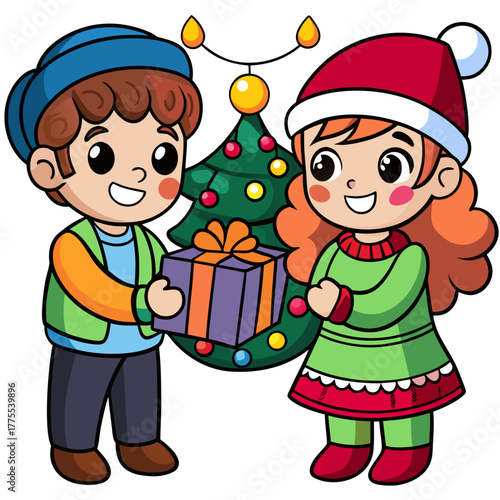 Cartoon Christmas artwork with a happy boy and girl exchanging gifts under festive lights on white background