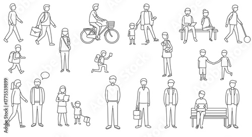human outline figures line art people in various poses doing everyday activities ideal for illustrating concepts and infographics simple and clean style