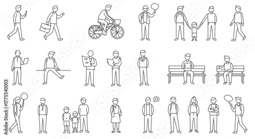 line art human figures diverse people in various poses walking reading sitting and interacting for illustrating urban life concepts.