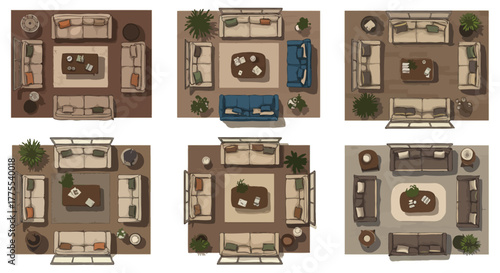 living room floor plan layouts depicting furniture arrangement from a top down perspective for interior design projects and real estate marketing plans