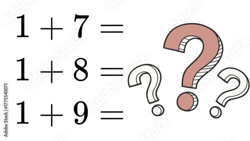 Solve addition problem worksheet for kids learning basic math skills and education with question marks concept