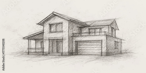 Old architectural sketch of an abandoned farm house in the winter landscape of a country village