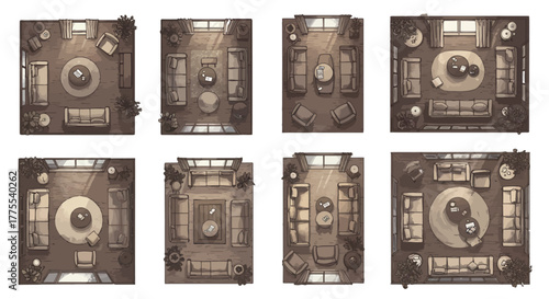 top down living room floor plan diverse furniture arrangements  design ideas showcasing interior layout for planning and visualization projects.