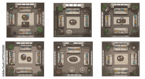 top down view living room designs diverse interior layouts showcasing furniture arrangement decor and spatial planning suitable for architectural visualization