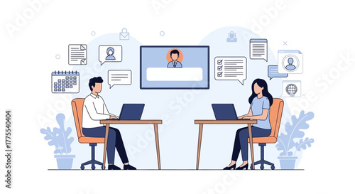 virtual meeting two colleagues collaborate online connecting with a remote team member showcasing collaboration and remote work solutions business