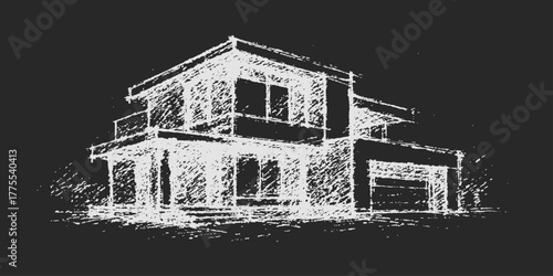 Vintage architecture sketch drawing illustration of an old farm house building landscape