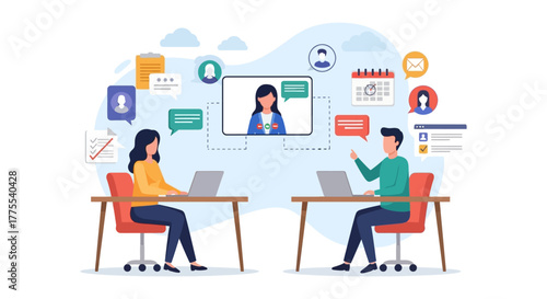 virtual meeting collaboration team working on laptops in remote video conference showcasing modern communication and digital workplace solutions for business growth