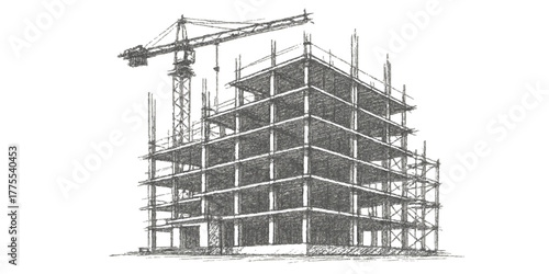 Construction of a tall city skyscraper at the urban site with a crane and steel structure against the sky