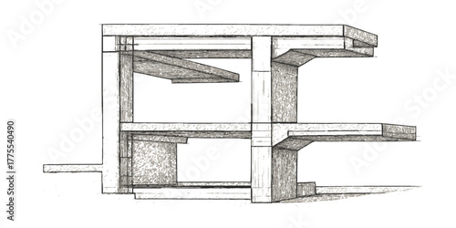 Architectural drawing of a 3d steel building frame with letters A, C, and P in the design sketch
