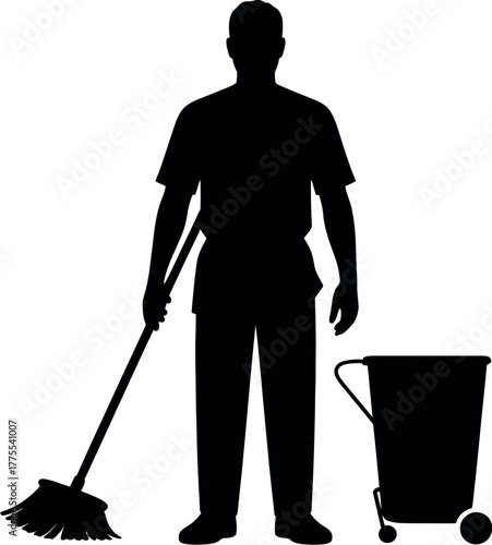 Black silhouette man sweeping with broom beside trash bin
