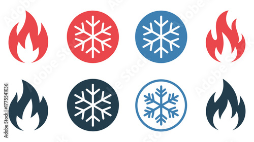 Cold in various styles, fire and snowflake symbols, for design elements