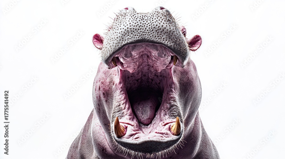 Obraz premium Close-up hippo mouth wide open against white background. Possible use wildlife, animal, nature stock photo