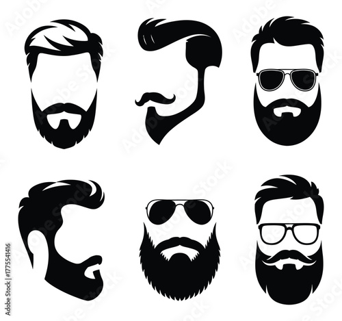 Monochrome vector set of masculine hair and beard styles, collection of icons for barbershop design elements and hipster fashion branding