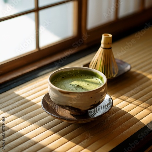 Traditional Matcha Tea in Japanese Tatami Room – Matcha Tea in Handmade Ceramic Bowl – Matcha Tea with Bamboo Whisk and Natural Sunlight