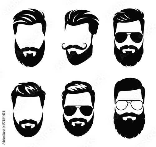 Assortment of masculine faces icons, featuring modern hairstyles, beards, and aviator sunglasses, perfect for salon branding