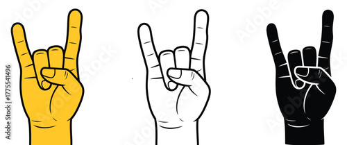 Rock on with the iconic heavy metal hand gesture illustration, symbolizing energy and rebellion in three distinct styles