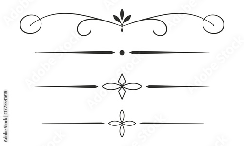 Vintage style decorative text dividers and page rule lines. Elegant calligraphic flourishes and ornaments for creative design layouts