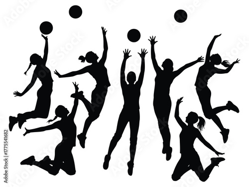 Dynamic black silhouettes of a women's volleyball team in action, jumping, spiking, and blocking the ball during a competitive game