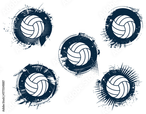 Volleyball icons with distressed grunge borders, abstract circle splashes for sports graphics and designs
