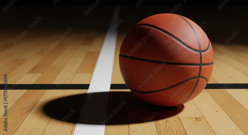 Obraz premium Basketball on a wooden court with dramatic lighting, highlighting the texture and lines, ideal for sports or game themes