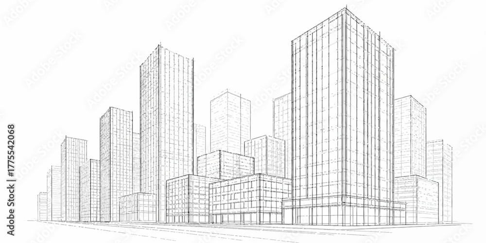 Naklejka premium A dynamic sketch of city architecture with buildings and skyscrapers illustrating a detailed urban design concept and blueprint