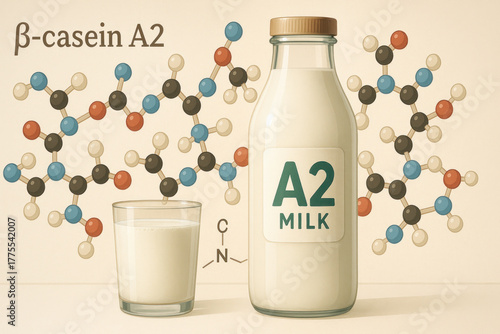 Nutritious dairy alternative showing A2 milk bottle and glass with molecular structure illustrating beta casein A2 and milk intolerance awareness and gentle digestion benefit