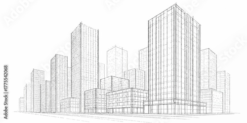 A dynamic sketch of city architecture with buildings and skyscrapers illustrating a detailed urban design concept and blueprint