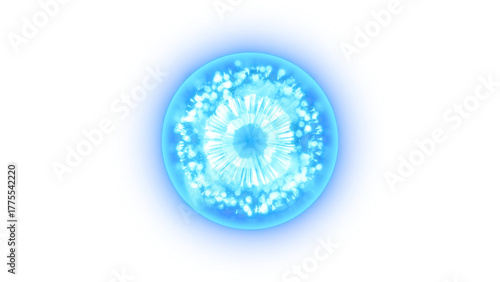 Cyan glowing energy sphere with particles and transparency. Ideal for sci-fi visuals, motion design, and digital effects.