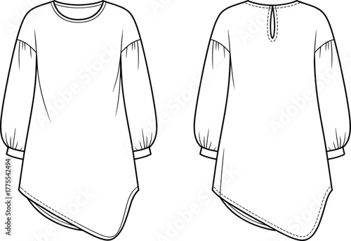 Asymmetrical tunic, round neckline, dropped shoulders, puff sleeves, gathered cuffs, keyhole back, button closure, fashion sketch, technical drawing, garment design, vector art, black and white, styli