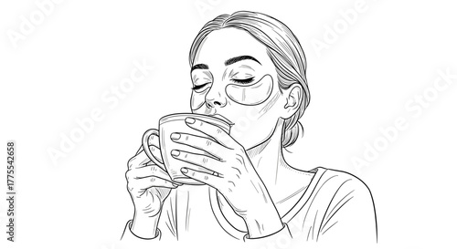 Woman with eye patches drinking from cup in line art style