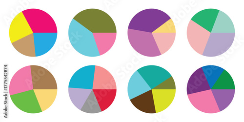 Set of colorful pie charts vector illustration symbol. Different colour circles isolated infographic elements set on white background. Pie chart diagrams collection, different circle icons.